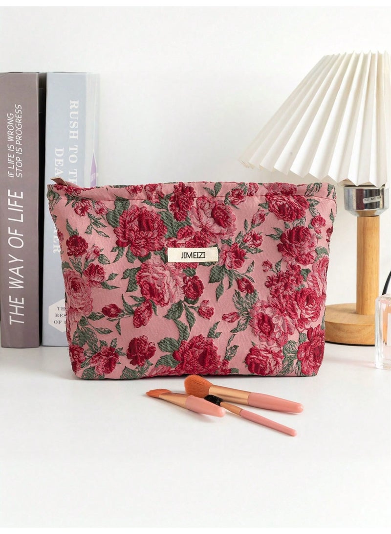 حقيبة كبيرة مكياج بنقشة ورود كلاسيكية – شنطة تجميل قماشية أنيقة للاستخدام اليومي والسفر - Image 1